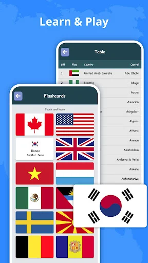 Learn mode showing flashcards and country table with flags from Canada, USA, UK, Vietnam, Mexico, Sweden and South Korea
