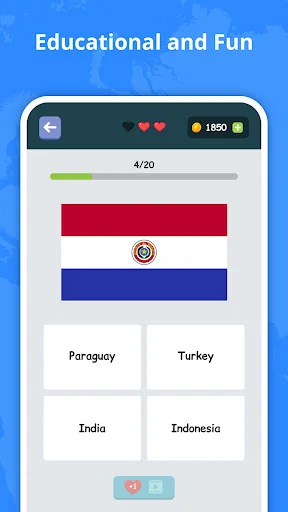 Multiple choice flag quiz showing Paraguay flag with 4 country options: Paraguay, Turkey, India, Indonesia below