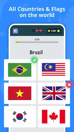 Brazil flag identification quiz with correct answer checkmark and multiple flag options displayed in game interface