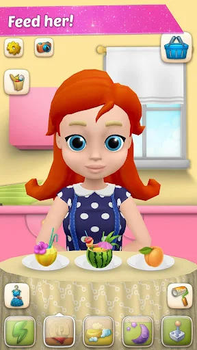 Feed Anna virtual pet with fruit and food items in kitchen care gameplay mechanics