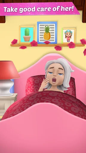 Care for Anna in bed with health items and bedroom decoration in interactive pet care simulation