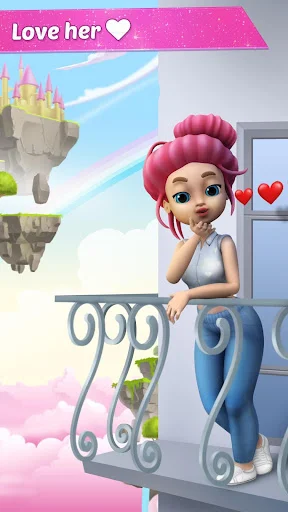 Bond with Anna on fantasy balcony with floating hearts in talking friend relationship game