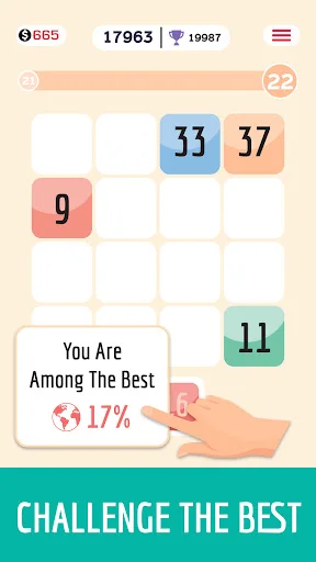 Fused number puzzle achievement screen showing 17% ranking among players. Challenge the best in this merge puzzle game.