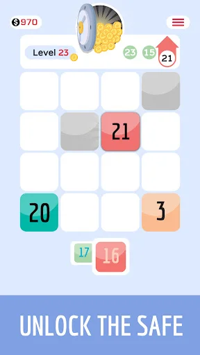Fused safe unlock puzzle level 23 with numbered tiles 3, 20, 21 on grid. Solve number puzzles to progress levels.