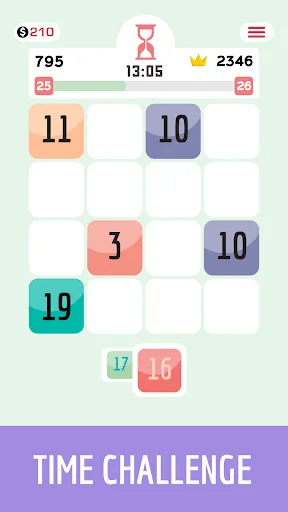 Fused time challenge mode with countdown timer and number tiles 3, 10, 11, 19. Fast-paced puzzle solving gameplay.