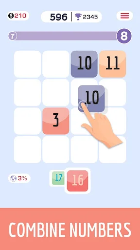 Fused number merge puzzle with tiles 3, 10, 11 and finger swipe gesture. Combine matching numbers to create higher tiles.