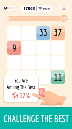 Fused leaderboard showing top 17% player ranking. Compete globally in this challenging number merge puzzle game.