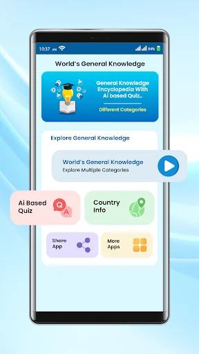 World General Knowledge app home screen showing AI Based Quiz, Country Info, and More Apps navigation buttons