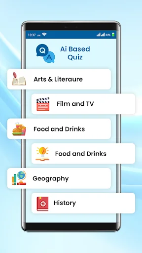 AI Based Quiz category list featuring Arts & Literature, Film and TV, Food and Drinks, Geography, and History topics