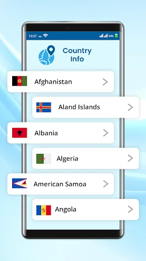 Country Info section displaying alphabetical list of countries with flags including Afghanistan, Albania, and Algeria