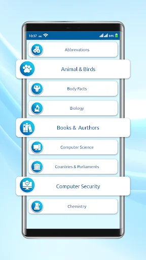 General Knowledge categories menu showing Abbreviations, Animals & Birds, Body Facts, Biology, Books, Computer Science, and more