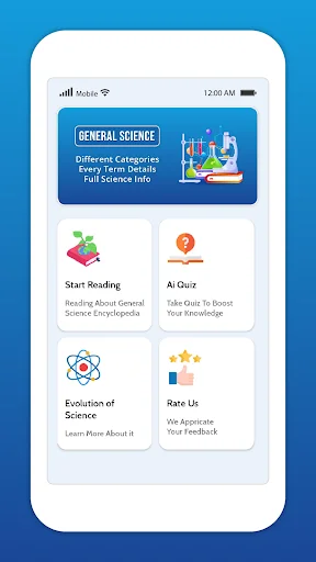 General Science Encyclopedia home screen with Start Reading, AI Quiz, Evolution of Science, and Rate Us feature options