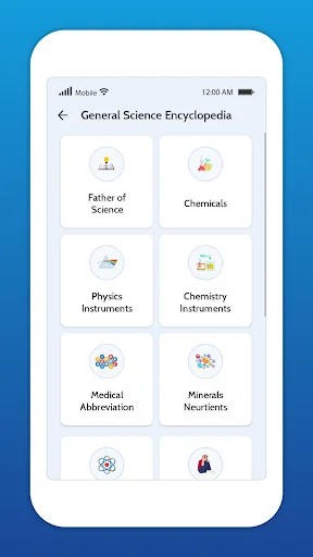 General Science Encyclopedia categories displaying Physics Instruments, Chemistry, Chemicals, Medical Abbreviation, and Minerals topics