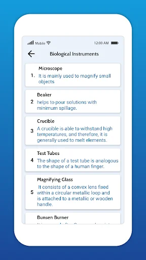 Biological Instruments educational content page listing microscope, beaker, crucible, test tubes, and magnifying glass descriptions