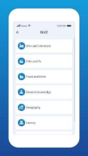 Quiz selection page with categories for Arts and Literature, Film and TV, Food and Drink, General Knowledge, Geography, and History