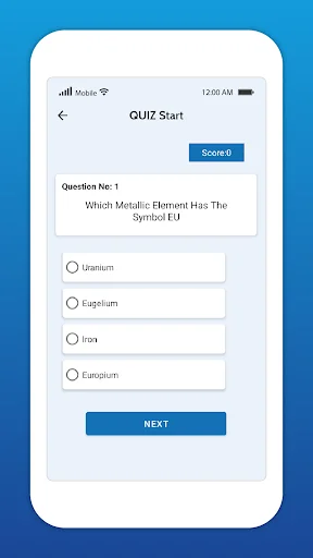 Multiple choice quiz question asking about metallic element Uranium symbol with options Uranium, Erbium, Iron, and Europium
