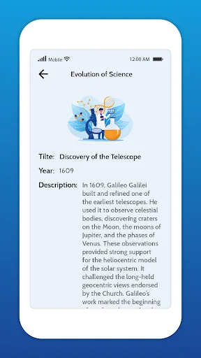 Evolution of Science detailed page about Discovery of the Telescope in 1609 with Galileo Galilei's scientific observations and contributions