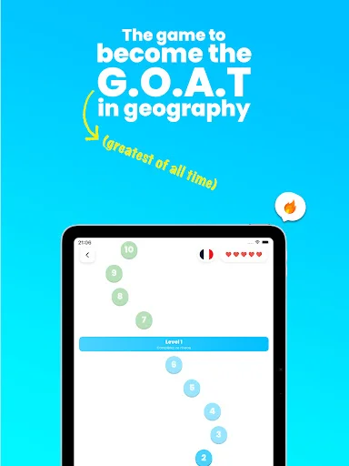 Geolio Geography game screen showing interactive map with numbered location markers, blue level progress bar, and 5-star rating system for geography gameplay