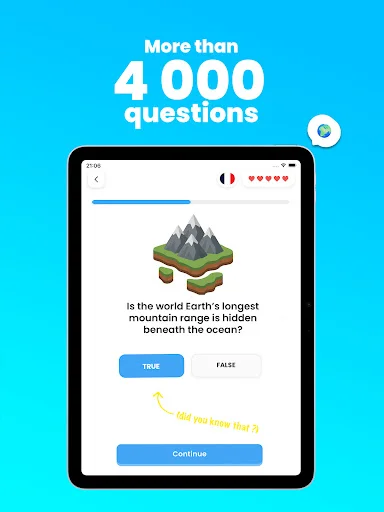 Geography trivia question in Geolio app displaying isometric mountain landscape with true/false answer buttons and hint text for knowledge testing