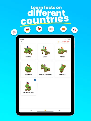 Geolio Geography country learning interface displaying six countries (France, Italy, Spain, Germany, United Kingdom, Portugal) with isometric map graphics and country flags