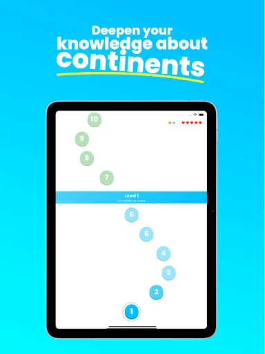 Geolio Geography continent learning map screen with numbered location markers, interactive level progression bar, and point-based geography challenge system