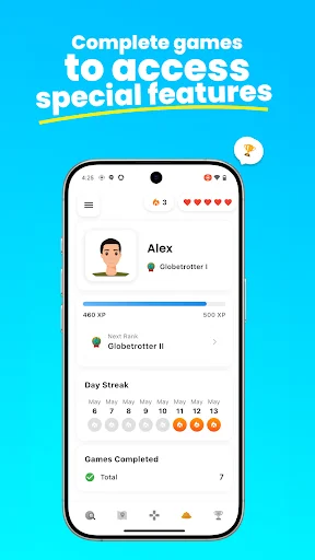 User profile dashboard displaying player achievements, day streak counter, completed games count, and unlocked special features