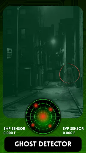 Night vision paranormal detection view with ghost tracker radar display, EMP and EYP sensors detecting supernatural entities