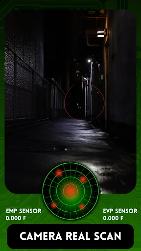 Camera real scan with paranormal detection radar overlay, ghost tracker sensors measuring EMP and EYP readings
