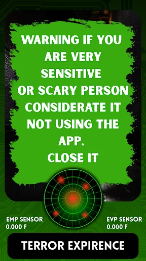 Warning screen for sensitive users on Ghost Detector app, advises closing with paranormal sensor display below