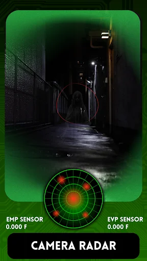 Camera radar detection mode showing dark alley with paranormal sensors, EMP and EYP measurements, atmospheric vignette effect