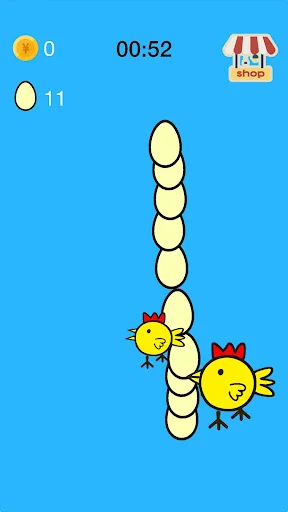 Happy Colorful Lucky Egg game showing yellow chicken collecting eggs in vertical line. Score 0, timer 00:52, shop icon visible.