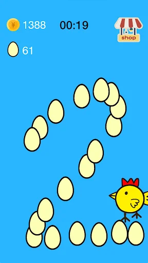 Casual egg collection game with 1388 points, 61 eggs scattered on blue background. Yellow chicken character and shop button shown.