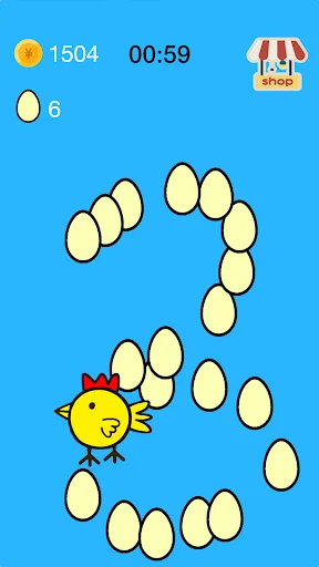 Single player egg gathering simulation with 1504 score, 6 eggs remaining. Stylized chicken navigating curved egg path offline.