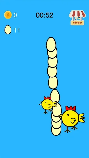 Happy Colorful Lucky Egg game showing yellow chicken collecting eggs in vertical line. Score 0, timer 00:52, shop icon visible.
