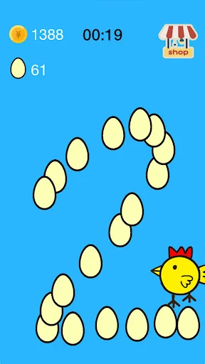 Casual egg collection game with 1388 points, 61 eggs scattered on blue background. Yellow chicken character and shop button shown.