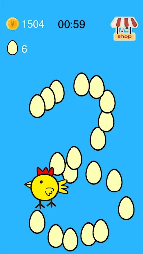 Single player egg gathering simulation with 1504 score, 6 eggs remaining. Stylized chicken navigating curved egg path offline.