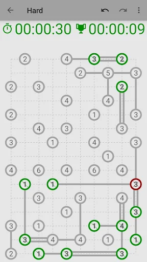 Hashi Bridges puzzle game hard difficulty level showing numbered islands connected by bridges with timer displaying 30 seconds
