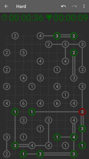 Hashi puzzle game hard mode with partially solved bridge connections between numbered islands and dual timer interface