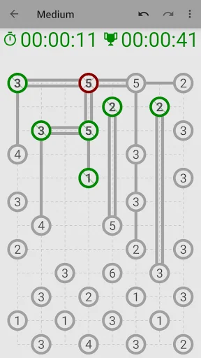 Hashi Bridges medium difficulty puzzle with green completed connections and red error indicators, timer shows 11 seconds elapsed