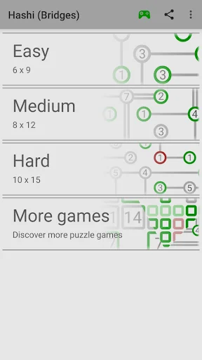 Hashi puzzle game main menu showing difficulty levels: Easy 6x9, Medium 8x12, Hard 10x15 with More games option