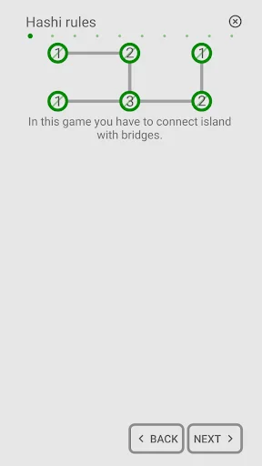 Hashi game rules tutorial screen explaining bridge connection mechanics between numbered islands with navigation buttons