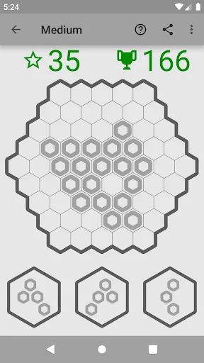 Hexa Puzzle game Medium level showing hexagonal grid with placed pieces, score 35 stars and 166 trophies, 3 puzzle pieces below