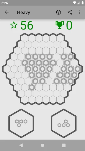 Hexa Puzzle Heavy difficulty level with hexagonal playing field, 56 stars earned, 0 trophies, showing 2 available puzzle pieces