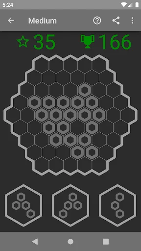 Hexa Puzzle Medium level dark theme with hexagonal grid puzzle, score display of 35 stars and 166 trophies, 3 piece options