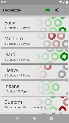 Hexa Puzzle main menu showing difficulty levels: Easy, Medium, Hard, Heavy, Insane, Custom with piece count and type info