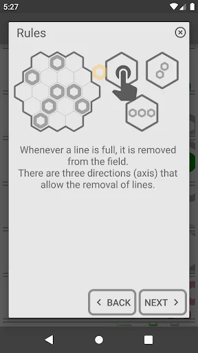 Hexa Puzzle game rules tutorial screen explaining line removal mechanics with visual hexagonal piece placement examples