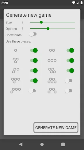 Hexa Puzzle custom game generator with size slider, options settings, piece type selection toggles, and generate button