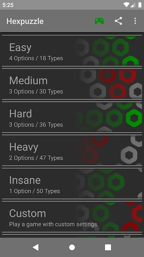 Hexa Puzzle difficulty selection menu with animated colorful hexagonal pieces floating on dark background theme
