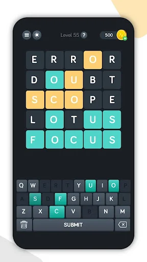 Hidden Words Level 55 advanced puzzle displaying ERROR DOUBT SCOPE LOTUS FOCUS word grid with strategic letter placement