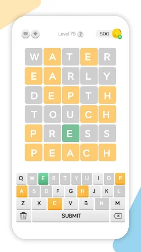 Hidden Words Level 75 solved puzzle revealing six words: WATER EARLY DEPTH TOUCH PRESS PEACH in organized grid format